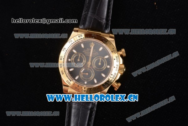 Rolex Cosmograph Daytona Clone Rolex 4130 Automatic Yellow Gold Case with Black Dial Stick Markers and Black Leather Strap (BP) - Click Image to Close